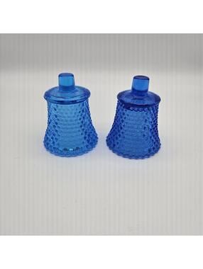 2 Vintage HOMCO Light-Aqua Blue Glass Hobnail Peg Votive Candle Holders